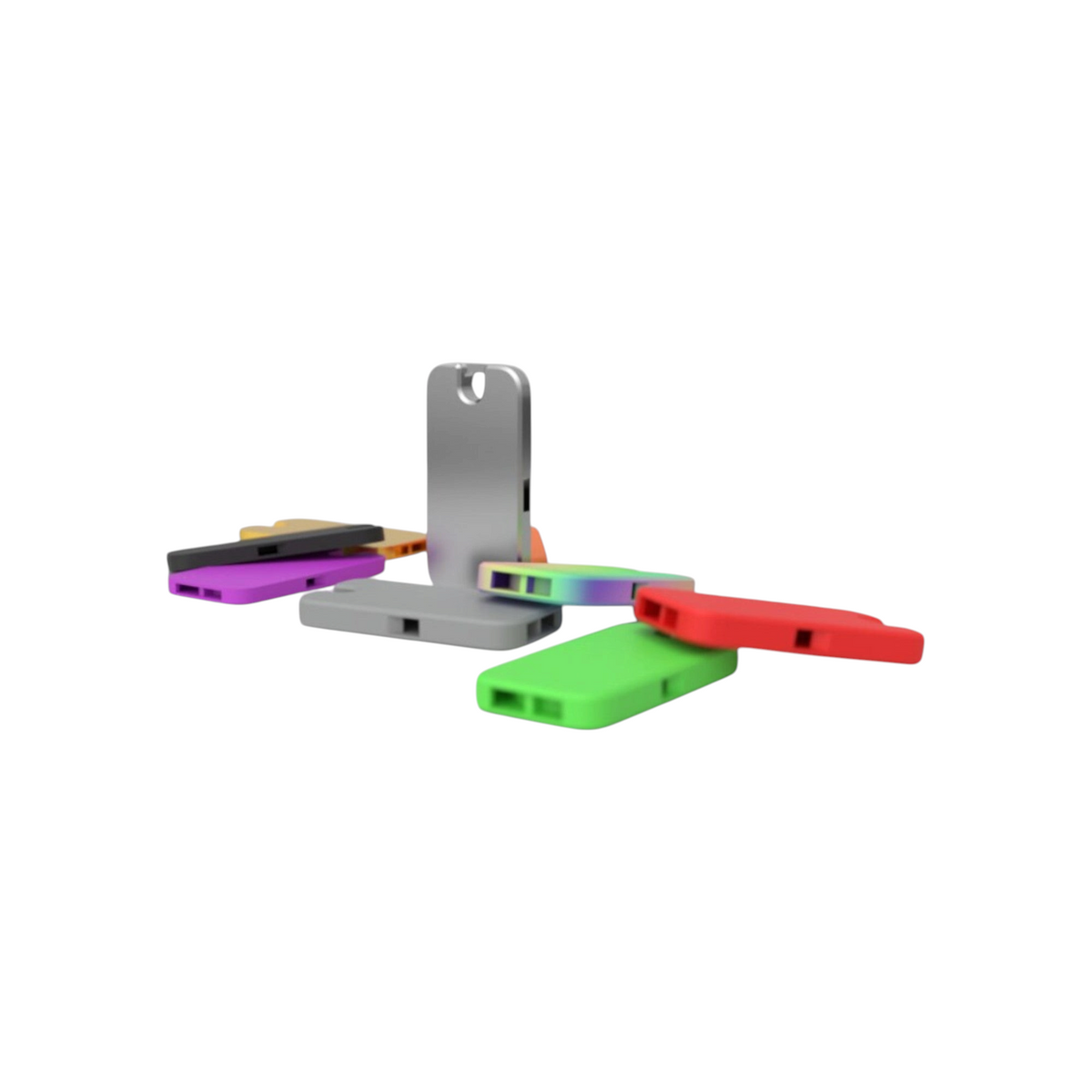 Set of three colourful flat pocket whistles with a compact keychain design.