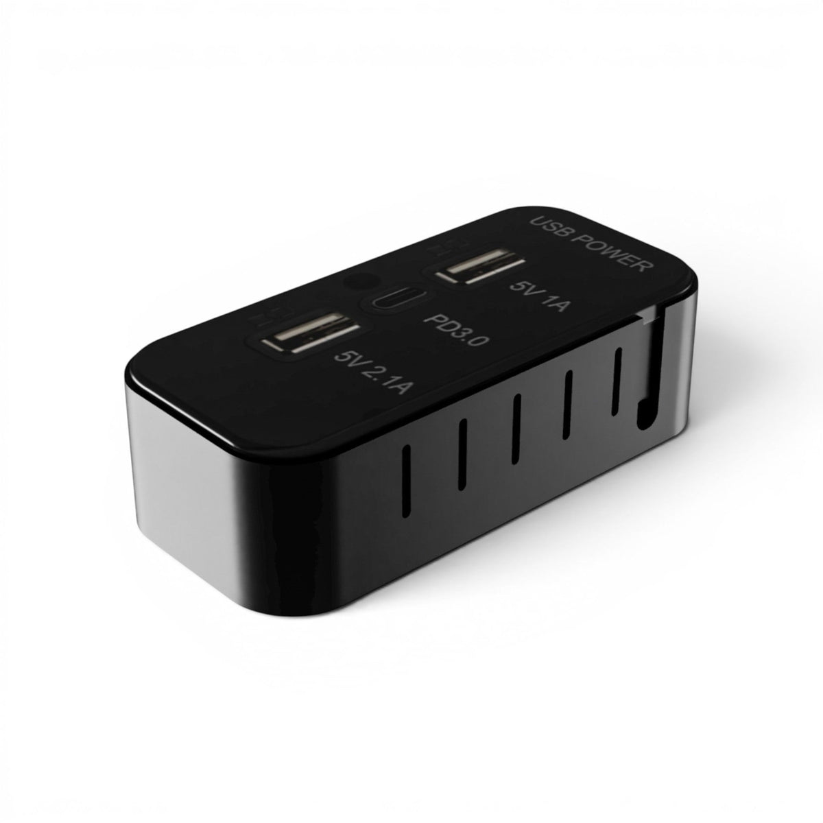 Black three-port 12V USB outlet case shown on a clean white background.
