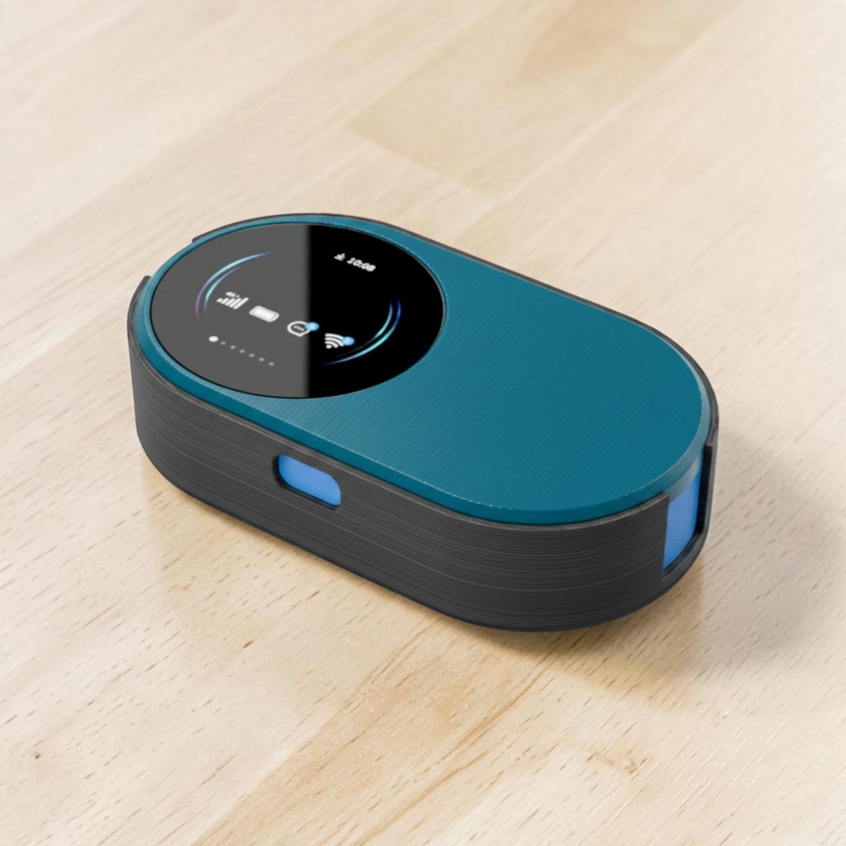 Teal portable Wi-Fi router resting in a black RV wall mount on a wooden surface.
