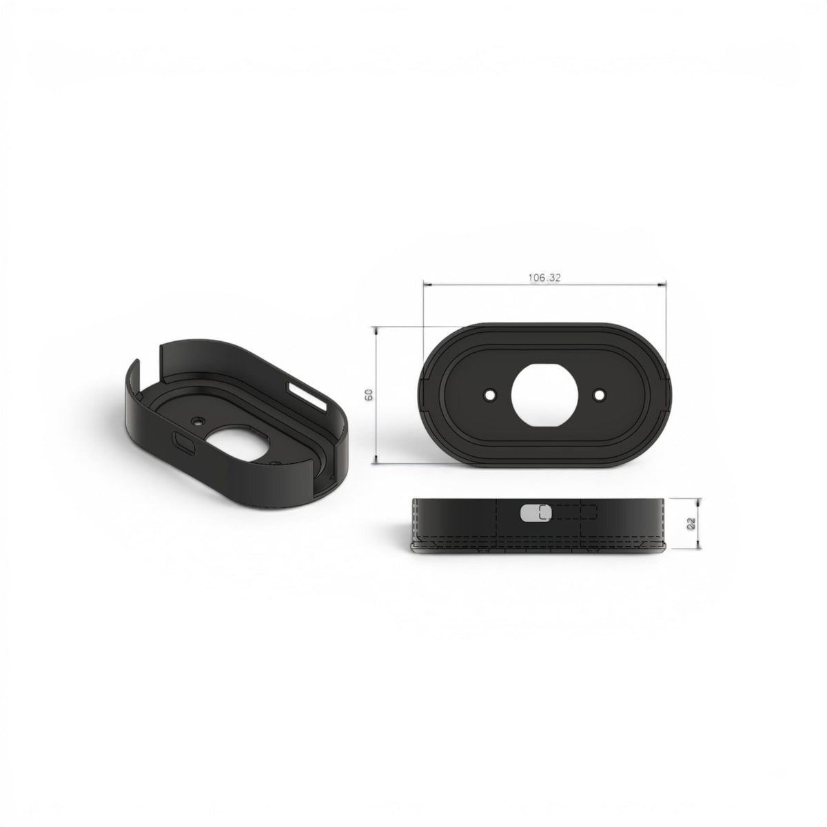 Dimension drawing showing front and side views of a black RV Wi-Fi wall mount.