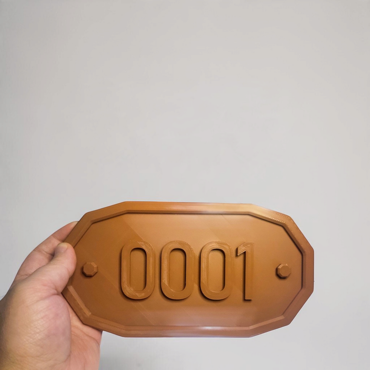 Hand holding a brown custom room number sign with raised digits on an octagonal plaque, shown close up.