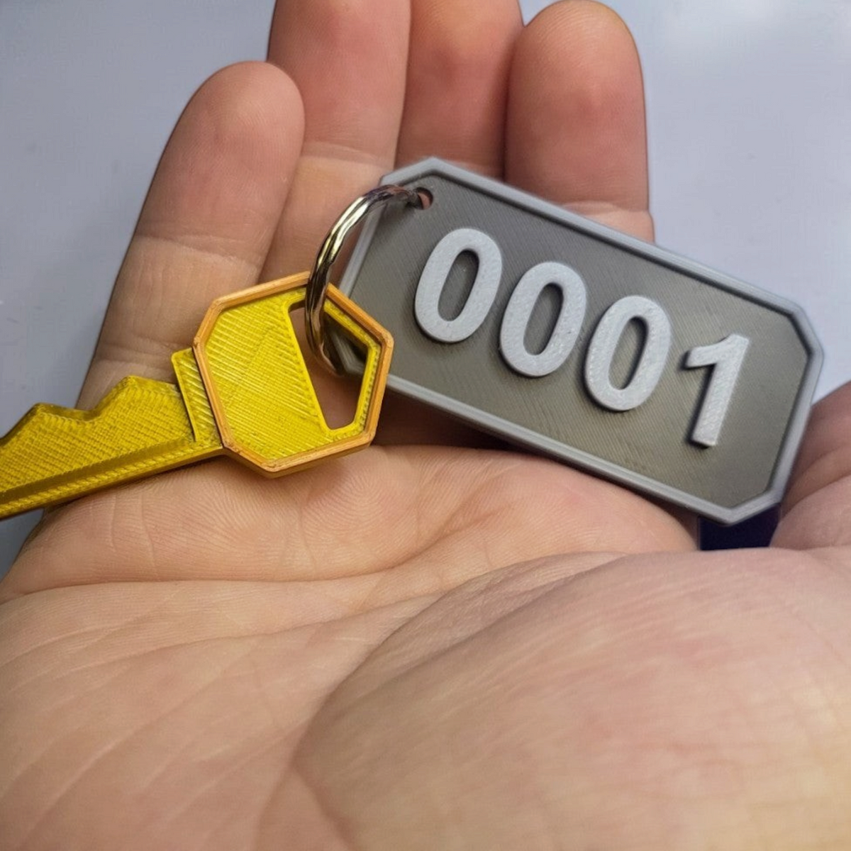 Close-up of a grey 0001 room key tag and gold key resting in a hand.