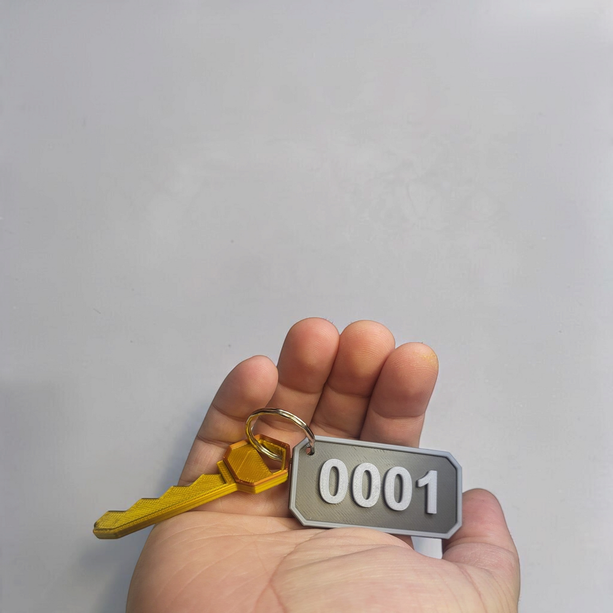 Hand holding a gold key and grey number 0001 room key tag for scale.