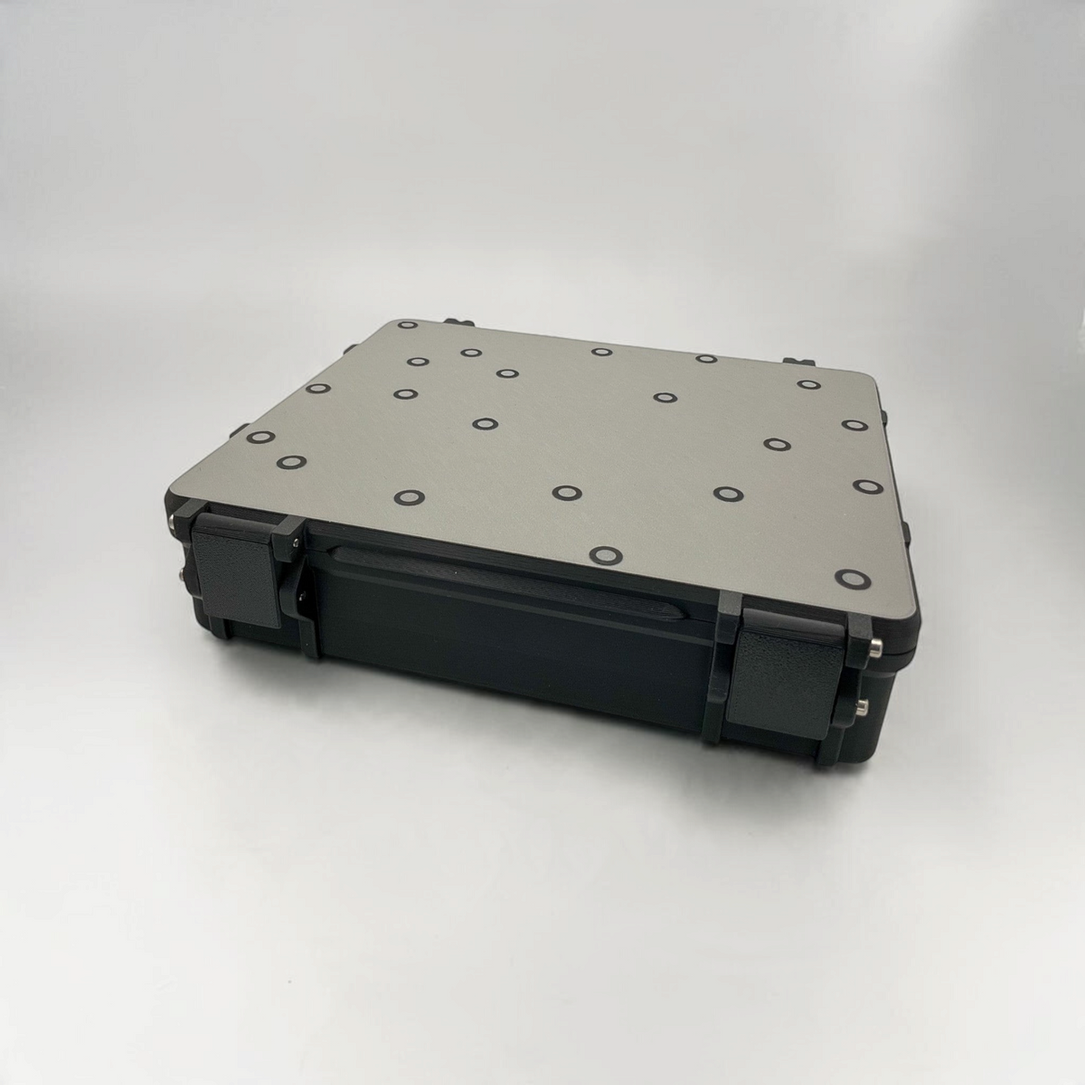 Closed black protective scanner case with a grey lid and multiple fasteners.