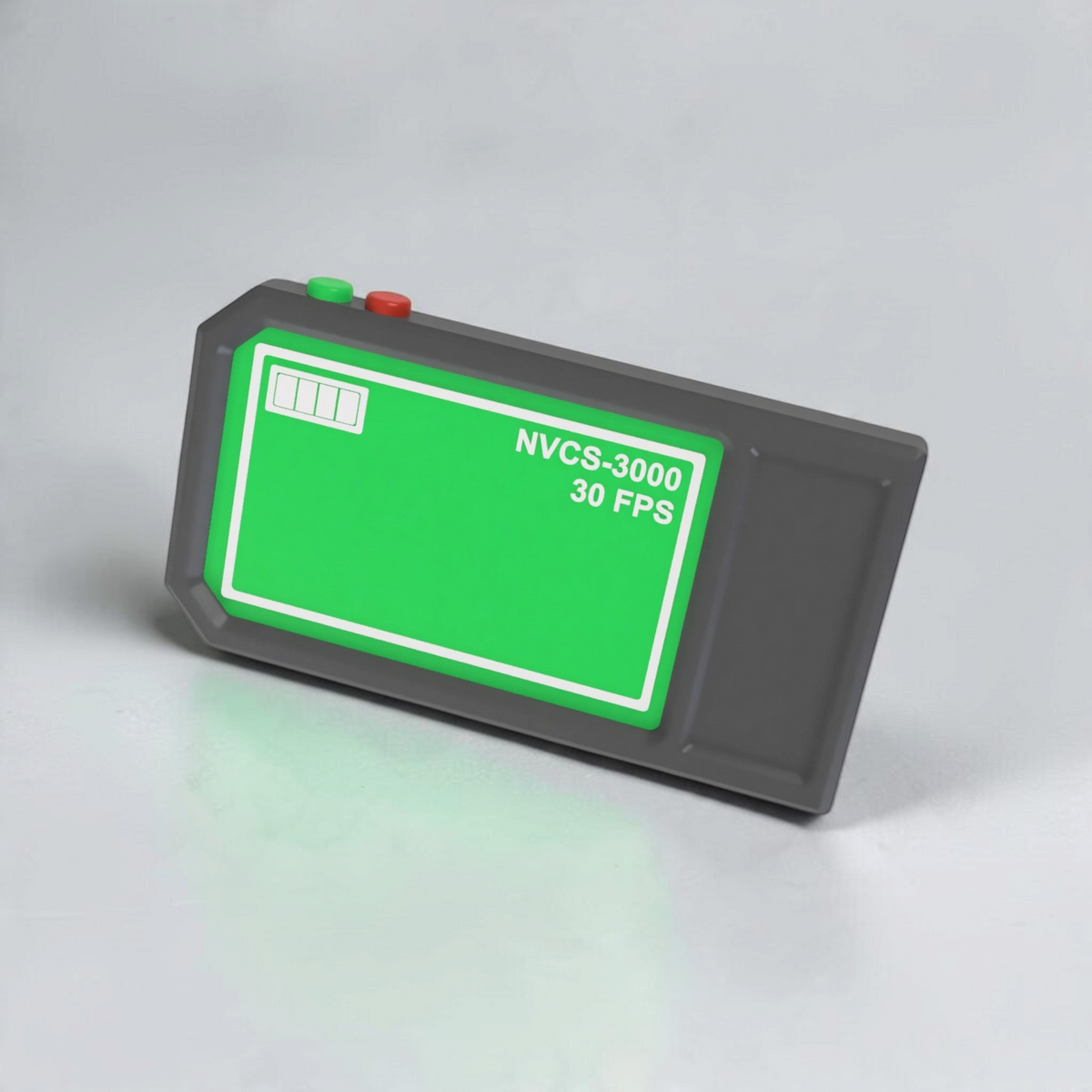Angled view of the gray Doors Inspired NVCS 3000 device showing its green screen and colored top buttons.