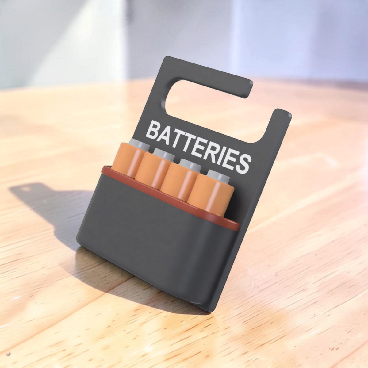 Angled view of a black 3D-printed battery holder labelled “BATTERIES”, filled with copper-coloured AA batteries against a white background.