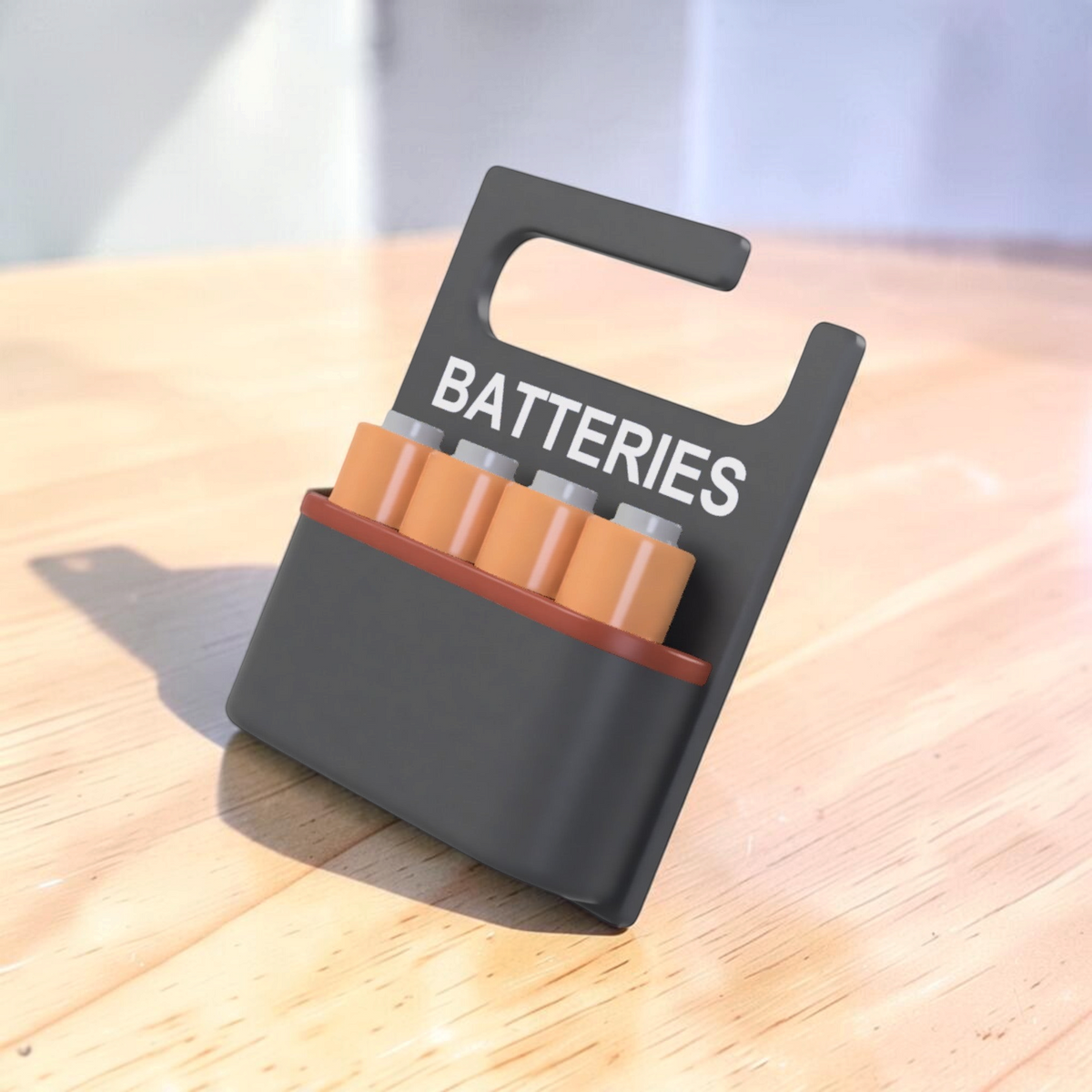 Tilted view of a black 3D-printed battery holder labelled “BATTERIES”, filled with copper-coloured AA batteries against a white background.