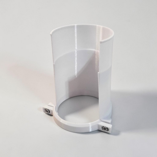 White 3D printed extended rain hood for a CCTV camera shown at an angle.