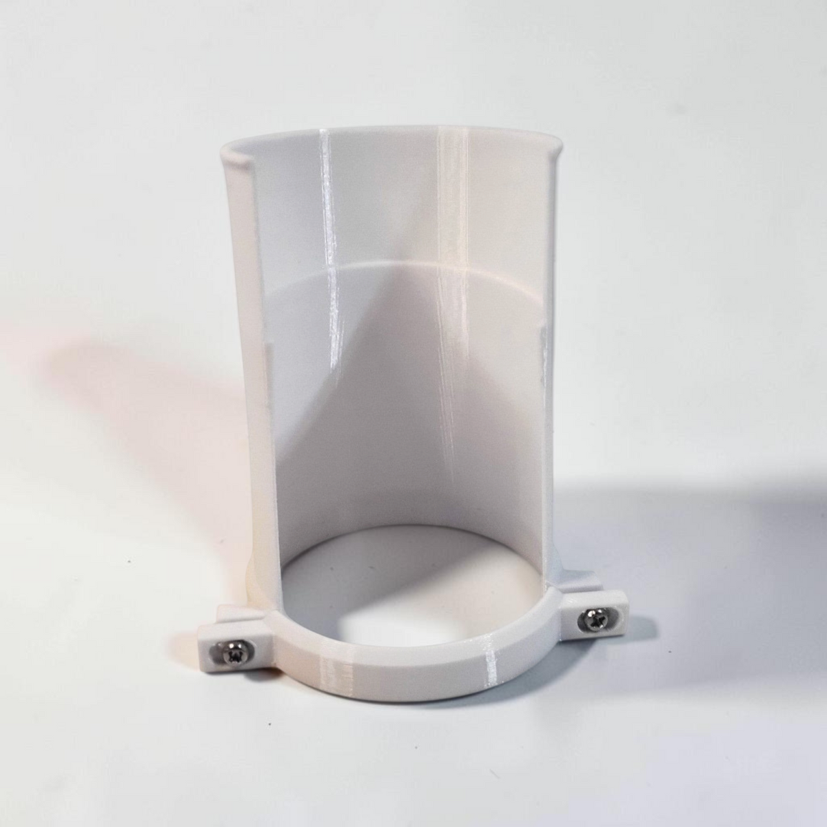 Front view of a white 3D printed extended rain hood for a CCTV security camera.