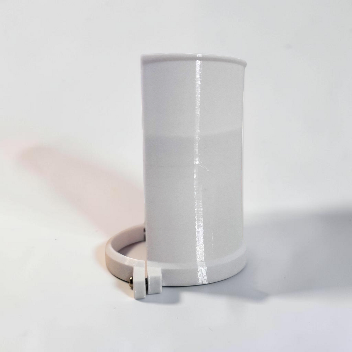 Side view of a white 3D printed extended rain hood for a CCTV security camera.