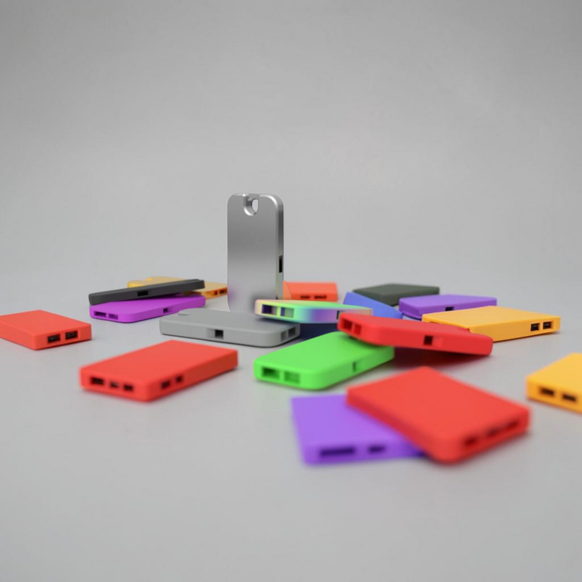 Set of three colourful flat pocket whistles designed as compact keychain accessories.